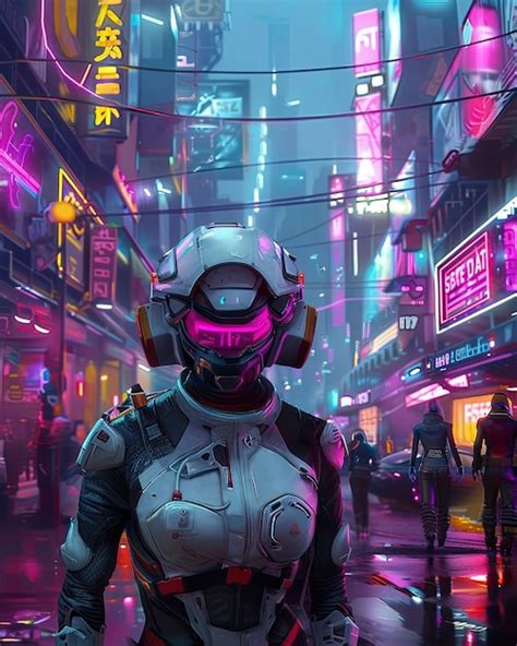 La calle de la ciudad cyberpunk por la noche con luces de neón y