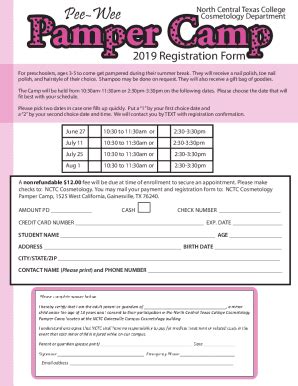 Fillable Online Nctc Cosmetology Pee Wee Pamper Camp Registration