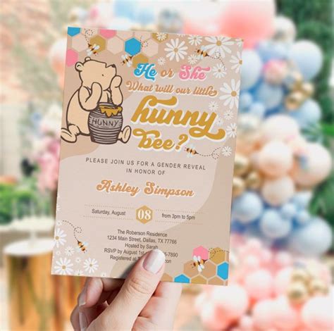 EDITABLE Classic Winnie The Pooh Gender Reveal Invitation Set He Or