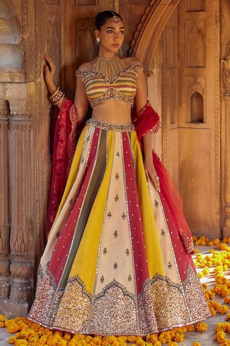 Buy Multi Color Raw Silk Embroidered Mangala Panelled Lehenga Set For