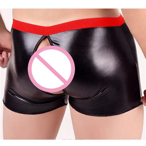 Men Underwear Boxer Shorts Sexy Red Wetlook Faux Leather Crotchless Gay Fetish Boxer W B