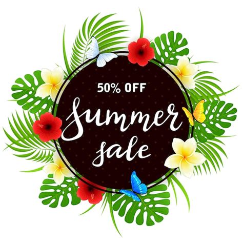 Lettrage Summer Sale Frangipanier Et Hibiscus Sur Carte Ronde Noire Sur