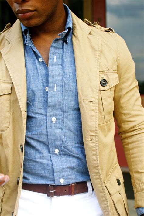 Blue Chambray Shirt And Butter Coloured Linen Safari Jacket Mens