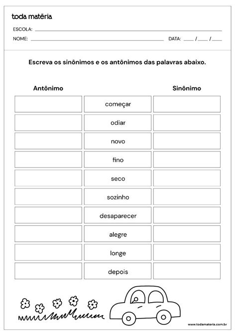 Atividades De Sinônimos E Antônimos Para 2º Ano Com Respostas Toda Matéria