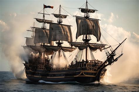 Premium Ai Image Pirate Ship With Cannons Firing And Smoke Rising