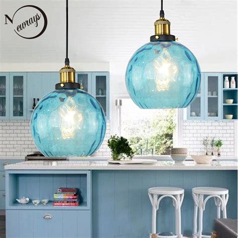 Modern Loft Blue Color Glass Pendant Light Led E27 Home Deco Nordic Hanging Lamp With 3 Size For