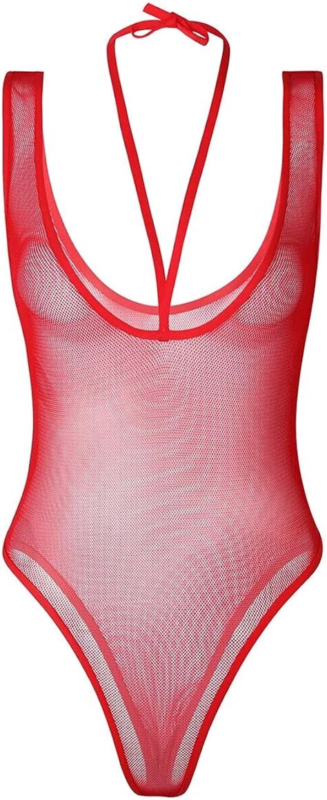 Feeshow Womens See Through One Piece Sheer Mesh Bodysuit Lingerie