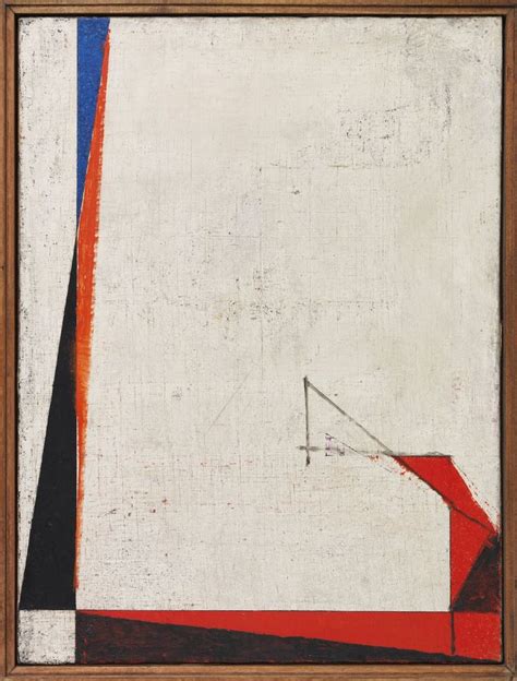 An Abstract Painting With Red White And Blue Lines On The Bottom Half