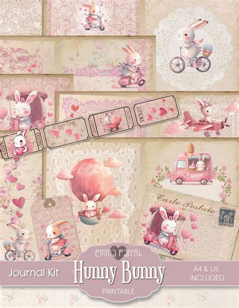 Valentines Junk Journal Kit Printable Cute Bunny Pink Etsy