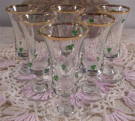 Vintage Bar Glasses Set Of Six Gold Rimmed Shamrock Clover Stemmed Cordial Bar Shot Glasses On