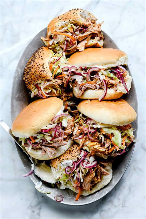 Slow Cooker Pulled Pork Sandwiches with Crunchy Slaw - foodiecrush