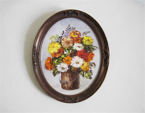 vintage Framed Oval Flower Oil Painting by HuzzahVintage on Etsy