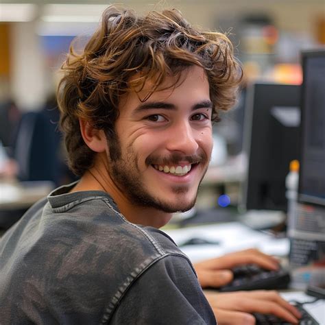 Un Hombre Sonriente Sentado Frente A Una Computadora Foto Premium