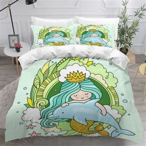 Housse de Couette 140x200cm Enfant Dauphin Fille Parure de lit Sirène 3