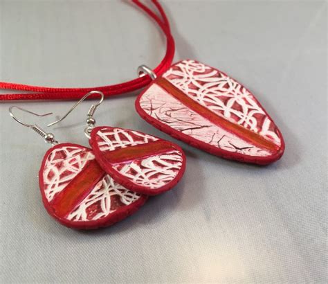 By Debby Wakley Red And White Textured Pendant And Earrings Made Using