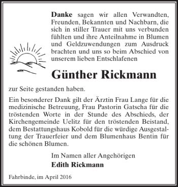 Traueranzeigen Von G Nther Rickmann Trauer Nordkurier