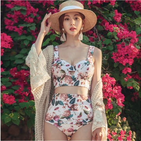 Jual Swimsuit Swimwear Baju Renang Set Bikini Wanita Model Split Dan Motif Floral Bergaya Retro