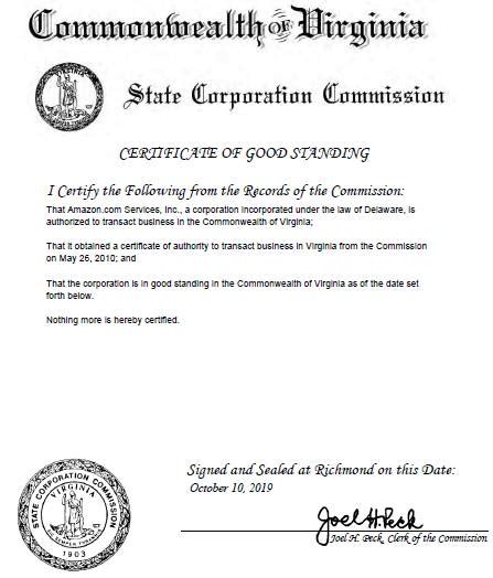 Virginia Certificate Of Good Standing Dbi Global Filings Llc Dbi Global Filings Llc A 100