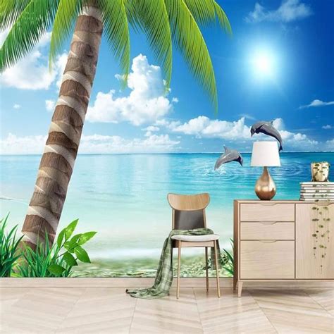 Papier Peint D Trompe L Oeil Mer Plage Dauphins Palmiers Papier Peint