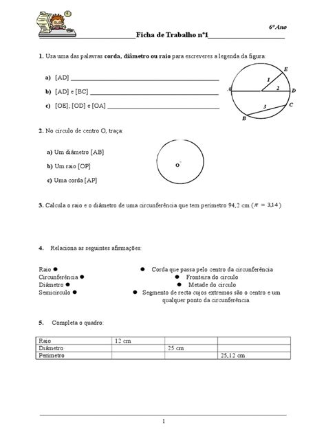 Ficha De Trabalho Nº1 6º Ano Pdf Diâmetro Círculo