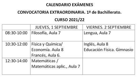 Calendario Ex Menes Extraordinarios Bachillerato Septiembre Ies La