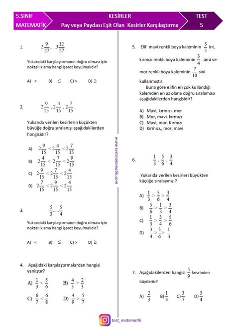 5 SINIF KESİRLERİ KARŞILAŞTIRMA VE SIRALAMA TEST Test Matematik