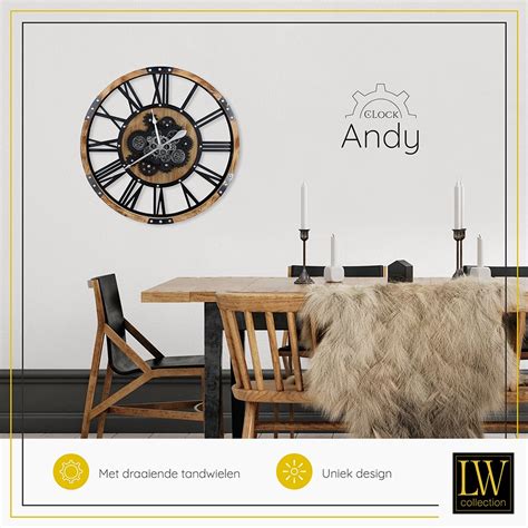 Lw Collection Wandklok Met Draaiende Tandwielen Bruin Hout Cm Met