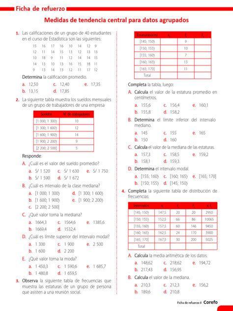 Ficha De Refuerzo Medidas De Tendencia Central Para Datos Agrupados Pdf