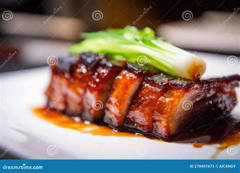 Macro Shot Of Crispy Pork Belly With Hoisin Sauce And Scallions Stock Illustration