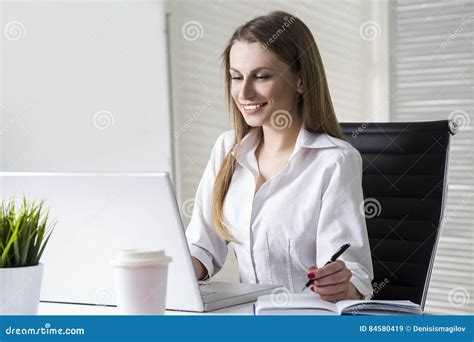 Businesswoman Looking At Laptop Screen Stock Image Image Of Cheerful