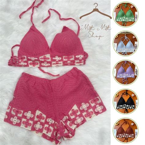 Set Ren Món Gồm Quần Và Áo Bra Lưới Đan Đi Biển Bộ Bikini Phối Đan Lưới Viền Hoa Ô Vuông Nhỏ