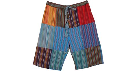 Multicolored Striped Patchwork Cotton Long Unisex Shorts Shorts