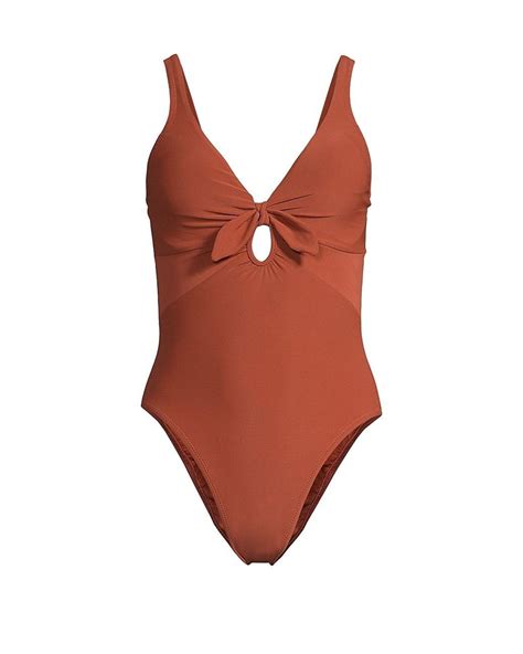 Robin Piccone Ava Plunge Bow One Piece Swimsuit In Brown Lyst