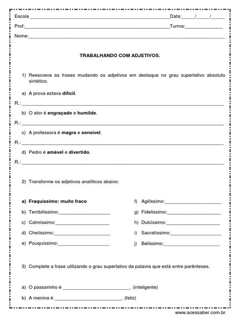 Atividade De Portugues Adjetivos 5º Ano Pdf