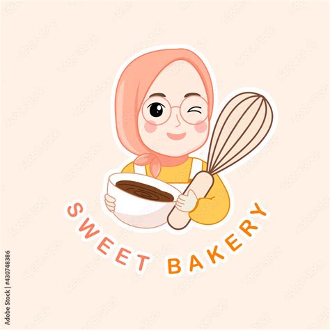 Homemade Halal Logo Cute Muslim Female Chef Wearing A Hijab Stock