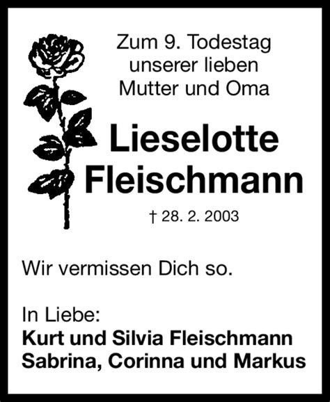 Traueranzeigen Von Lieselotte Fleischmann Trauer Nn De