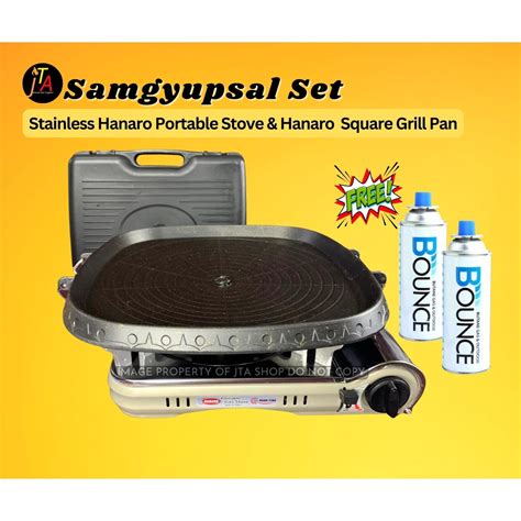 Samgyupsal Set Stainless Portable Stove With Hanaro Square Grill Pan Bundled With Butane Gas