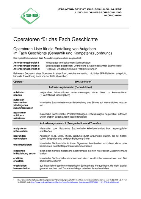 Operatoren Geschichte Operatoren für das Fach Geschichte Operatoren