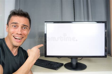 Man Pointing At A Computer Screen Stock Photo Image Of People White