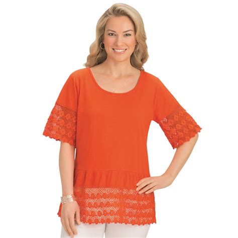 Crochet Lace Trim Short Sleeve Bright Cotton Top Collections Etc