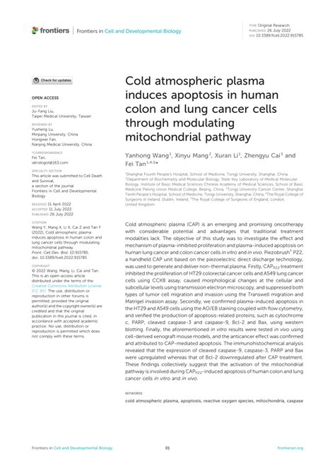 Pdf Cold Atmospheric Plasma Induces Apoptosis In Human Colon And Lung