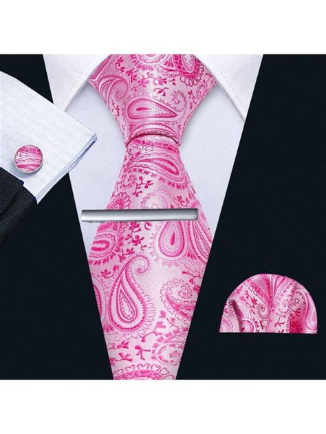 Barry Wang Pink Paisley Mens Tie Silk Jacquard Wedding Necktie Hankie