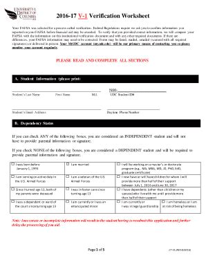 Fillable Online 2016 17 V 1 Verification Worksheet UDC Fax Email