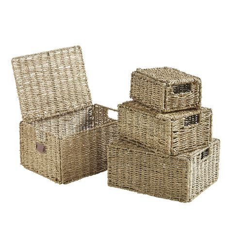 Vonhaus Set Of 4 Seagrass Storage Baskets With Lids And Insert Handles Ideal For 5060192526035