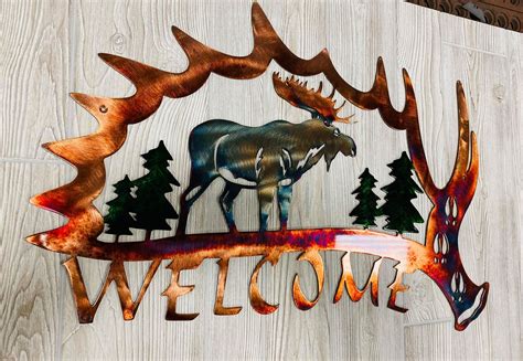 Moose Antler Welcome Scene Northwoods Metal Wall Art Xl Etsy