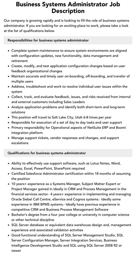 Business Systems Administrator Job Description Velvet Jobs