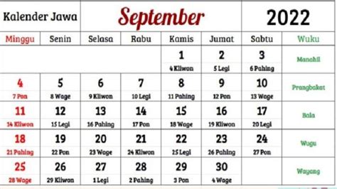 Kalender Jawa Hari Ini Bulan September 2022 Tanggal 2 Jumat Legi