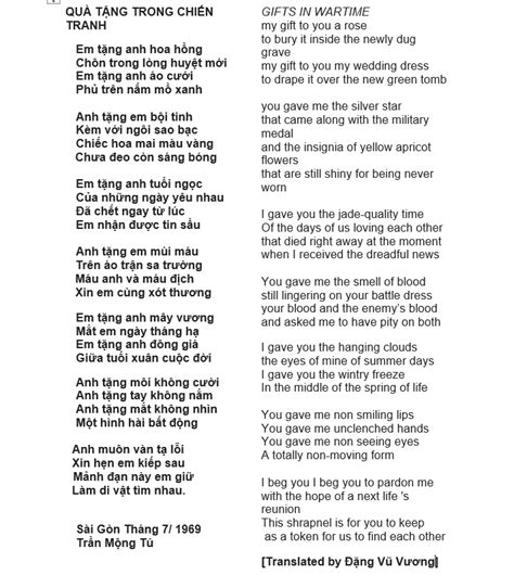 Di (Yee) on Twitter: "Quà tặng trong chiến tranh/ Gifts in Wartime. A poem by South Vietnamese ...