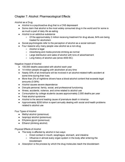 Ch 7 - Chapter 7 Notes: Alcohol: Pharmacological Effects - Chapter 7