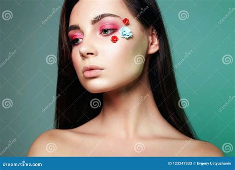 Beautiful Girl With Flowers On The Face Stock Image Image Of Pink